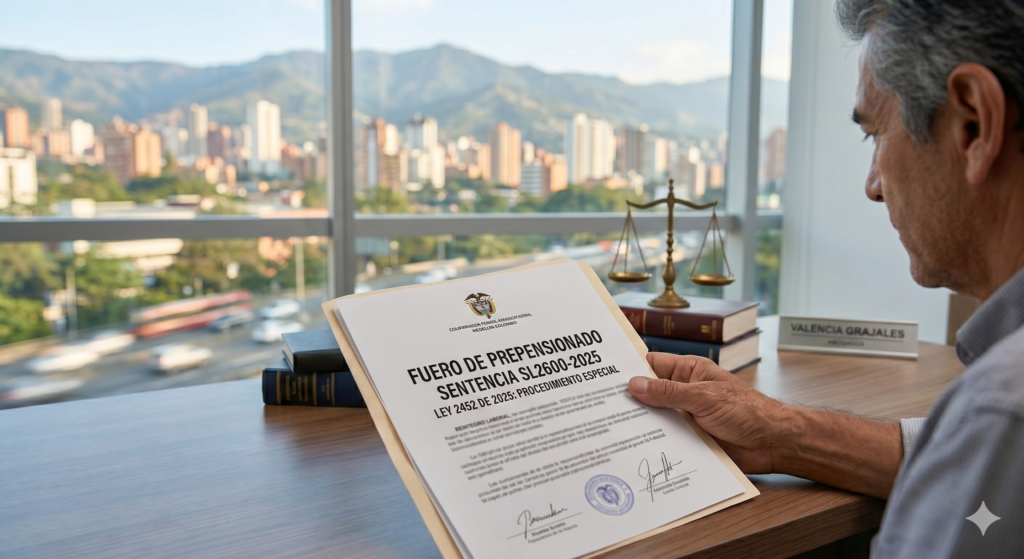 Documento legal centrado en la Sentencia SL2600-2025 sobre Fuero de Prepensionado y Ley 2452 de 2025, sostenido por manos en una oficina en Medellín.